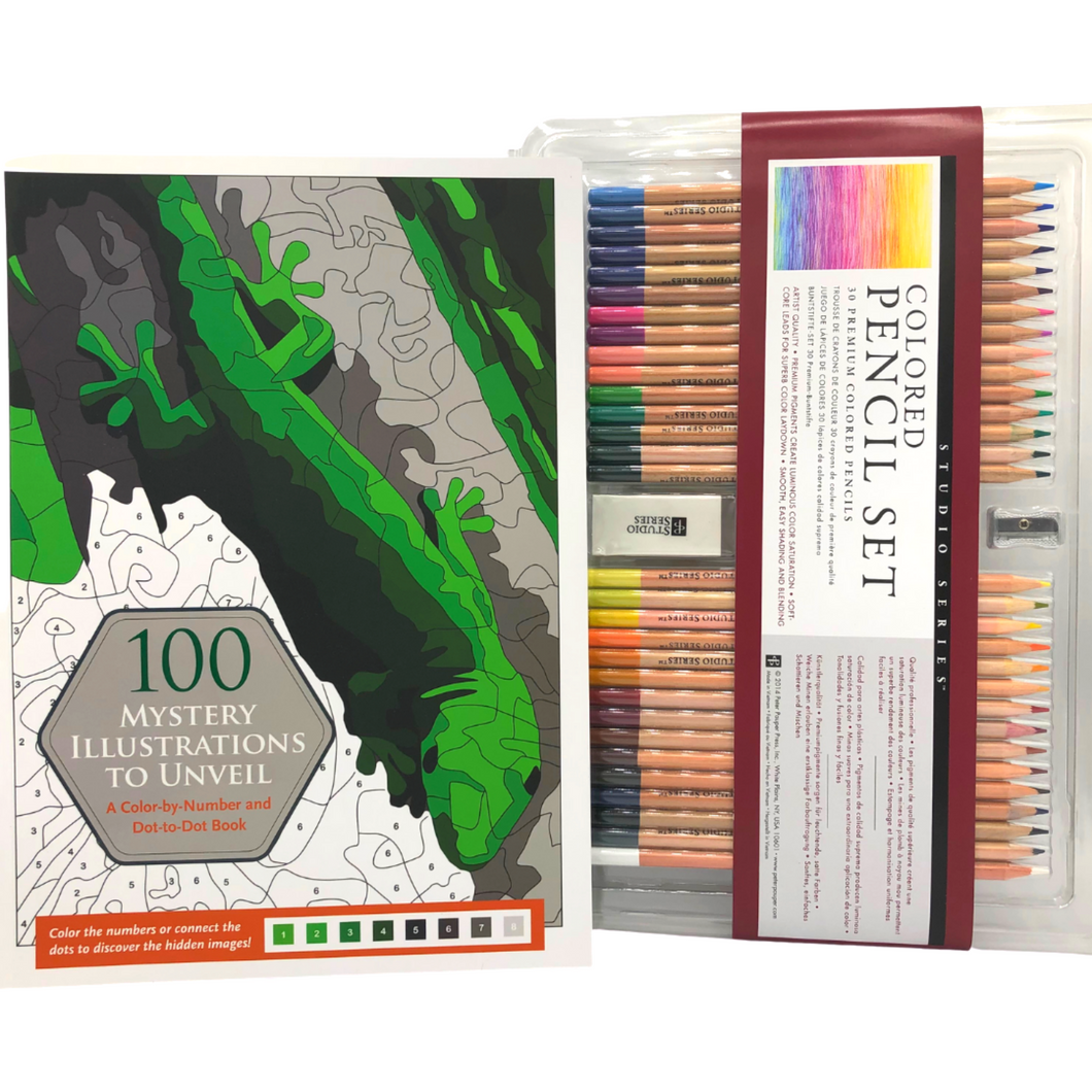 100 Mystery Illustrations to Unveil and Colored Pencil Set